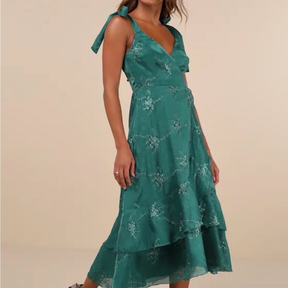 Lulus Dresses & Skirts - NWT Lulus Elegant Green Embroidered Ruffled Tie-Strap Midi Dress